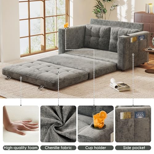 55" Convertible Folding Sofa Bed, Pull Out Couch Love Seat Sleeper Bed, Small Fold Out Loveseat sleeper with Cup Holder and Pillow for Small Space, Bedroom Lounge, Dorm, Living Room(Grey Chenille) - color: Light Grey