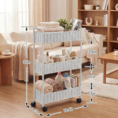 Utility Slim Storage Cart,3-Tier Rolling Kitchen Office Laundry Room Cart,Mobile Shelving Unit Organizer for Living Room Bathroom Baby Diaper Narrow Places (White, UC-White-7.1inch) - color: White