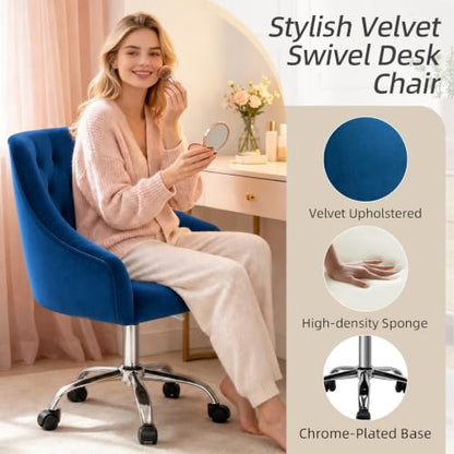 MOJAY Velvet Office Chair, Vanity Desk Chair with Wheels, Silver Base | Height Adjustable, 360° Swivel, Velvet Upholstery, Suitable for Girls, Home Office, Bedroom & Living Room - color: Blue