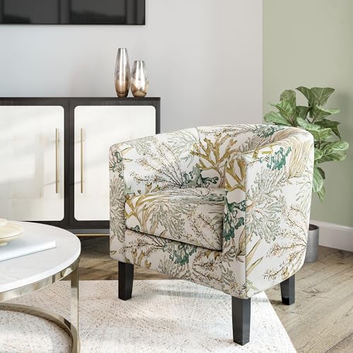 BELLEZE Living Room Chair, Linen Round Accent Barrel Chair, Club Tub Sofa Chair for Bedroom, Corner Chair with Flared Legs and Cozy Soft Padding - Highland (Green Coral) - color: Highland Green Coral, size: 1 Chair