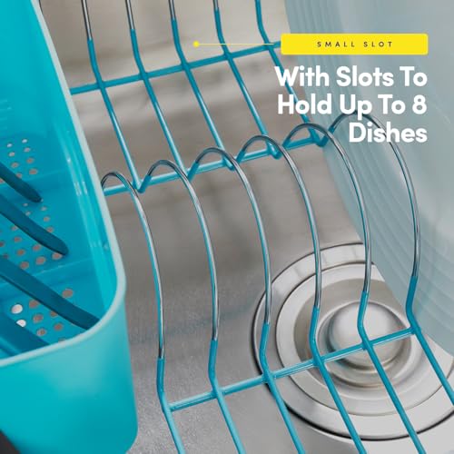 Dish Drying Rack & Cutlery Holder 2 Piece Set - Compact Sink-Fitting Dish Drainer with Rubberized Undercoating, Space-Saving Kitchen Organizer for Plates, Cups, Bowls & Utensils in Sink, Turquoise - color: Turquoise
