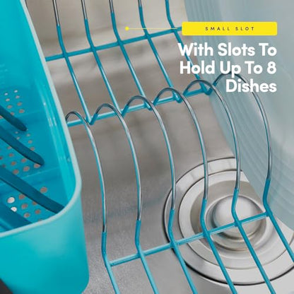 Dish Drying Rack & Cutlery Holder 2 Piece Set - Compact Sink-Fitting Dish Drainer with Rubberized Undercoating, Space-Saving Kitchen Organizer for Plates, Cups, Bowls & Utensils in Sink, Turquoise - color: Turquoise