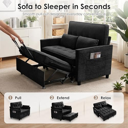 Dreamzie 55'' 3 in 1 Convertible Sofa Bed with USB Charging Ports, Pull Out Couch with Adjustable Backrest and Side Pockets, Sleeper Sofa for Living Room, Apartment, RV, Easy Assembly - Black - color: Black