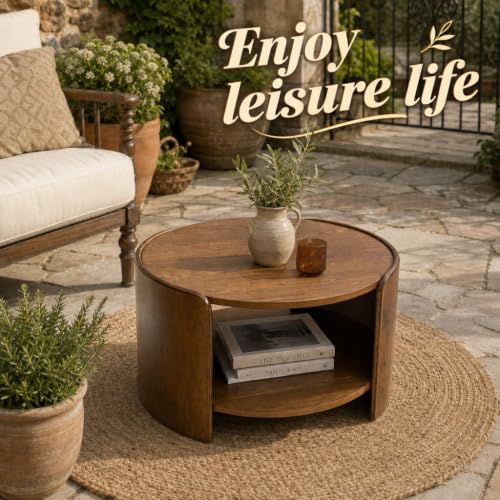 Walnut Round Coffee Table, 2-Tier 31.5" Open Storage Modern Center Table | Mid Century Wooden Circle Coffee Table with Shelf & Curved Wood Legs for Living Room, Home Office, Reception Room, Apartment - color: Walnut