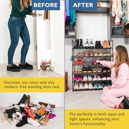 Sundaze Shoe Rack - 6 Tier Shoe Rack for Front Door Entrance, Sturdy Tall Shoe Organizer for Closet, Bedroom, Entryway, Garage, Non Woven Fabric Shelf, Black, Holds Up to 30 Pairs - size: 6 Tier (34.3" W)