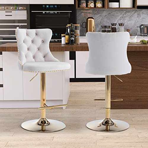 Velvet Bar Stool Set of 2, Adjustable Swivel Bar Stools with Gold Plated Metal Leg, Button Tufted, Footrest, Chrome Nailhead, Counter Height Chair for Kitchen, Bar, Dining Room (Beige) - color: Beige-gold Leg, size: Set of 2
