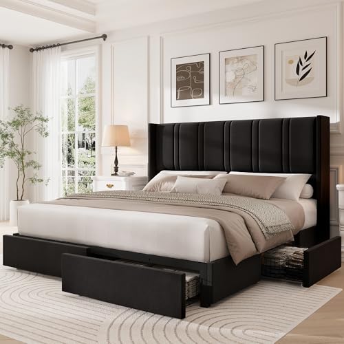 King Size Bed Frame with 4 Storage Drawers and Wingback Headboard Velvet Upholstered Platform Bed Frame with Wooden Slats, Easy Assembly, Black | 4 Storage Drawers, Wingback Headboard, No Box Spring Needed, Easy Assembly - color: Black, size: King
