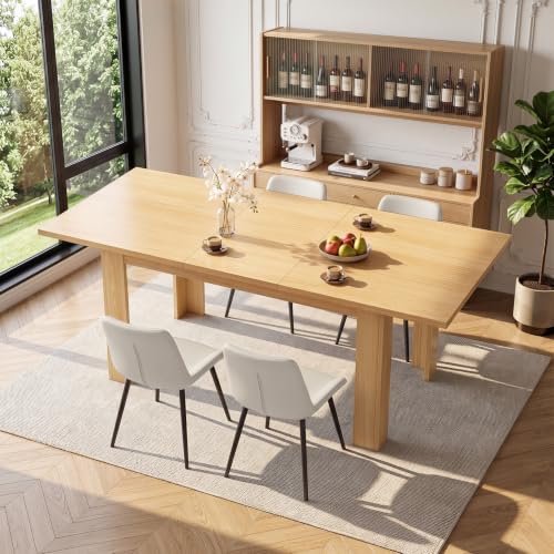 Miereirl 59"–77" Extendable Farmhouse Dining Table Set for 4, 5-Piece Rectangular Wood Kitchen Table Set, with 4 Padded Upholstered Chairs, Space-Saving for Apartment (Natural Table + 4 Beige Chairs) - color: Natural 59-76-inch Table & Beige Chairs, size: