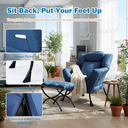 Lazy Chair with Ottoman, Comfy Reading Chair for Bedroom, Blue | Comfy Bedroom Accent Chair with Washable Removable Cover and extra throw pillow for Living Room Dorm - color: Peach Royal Blue