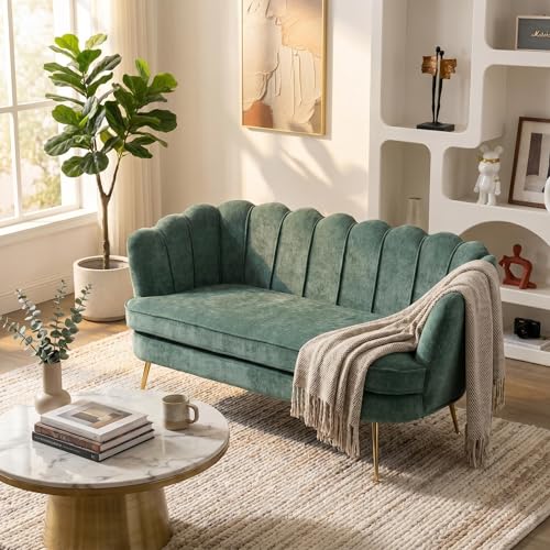 Modern Green Chenille Loveseat Couch Futon Small Sofa with Gold Metal Legs | 2-Seater Upholstered Mini Sofa Couches for Small Space Living Room Bedroom Office Dorm Studio Apartment Love Seat Couche - color: Green