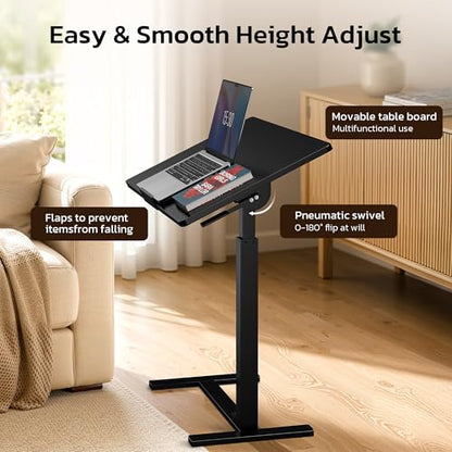 Mobile Standing Desk Adjustable Overbed Table, Pneumatic Height Adjustable Rolling Laptop Desk with Hidden Wheels, 0-180°Tilt Top Rolling Computer Cart Foldable for Home Office, Craft & Study, Black - color: Black, style: Fully Tiltable
