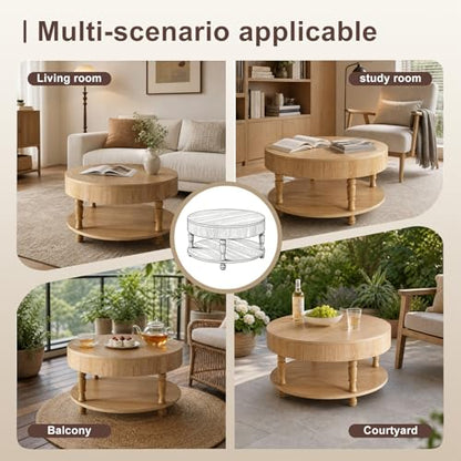 Round Flip Top Solid Wood Coffee Table with Space-Saving Hidden Storage | 31.5"Mid Century Modern End Table Bedroom, Adjustable Silent Footpads,Sturdy Holds up to 100 lbs,Classic 2-Tier Design - color: Nature Wood