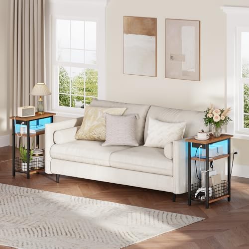 HOOBRO Narrow Side Table with Charging Station and LED Light, Small End Table with Storage, Skinny Nightstand with USB Port, Slim Bedside Table for Small Spaces, Living Room, Rustic Brown BF242UDBZ01 - color: Rustic Brown + Black