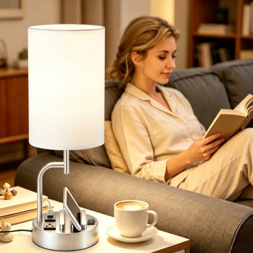 Dreamholder 2 Pack Table Lamp, Bedside Lamp with 3 USB Charging Ports & AC Outlet, USB Desk Lamp with 2 Phone Holders, Linen Fabric Shade Nightstand Lamps for Bedroom Living Room Office, Silver - color: Silver