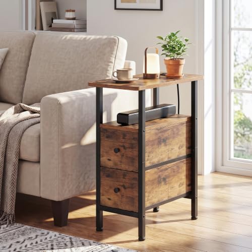 Narrow End Table with Charging Station, Small Nightstand | Skinny Side Tables Living Room with 2 Fabric Drawers, Slim Bedside Table for Bedroom, Small Spaces, Couch, Rustic Brown - color: Rustic Brown, size: 23.22''H (2 Drawers), style: Power