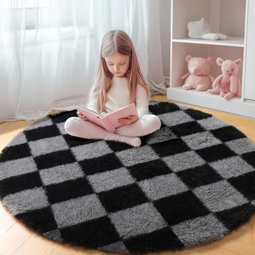 KICMOR Round Rug 4ft for Bedroom, Soft Fluffy Circle Area Rug Cute Fuzzy Shag Shaggy Small Living Room Carpet, Black and Grey Plush Checkered Circular Rug for Kids Room Nursery Home Decor Aesthetic - color: Black / Grey, size: 4' (Round)