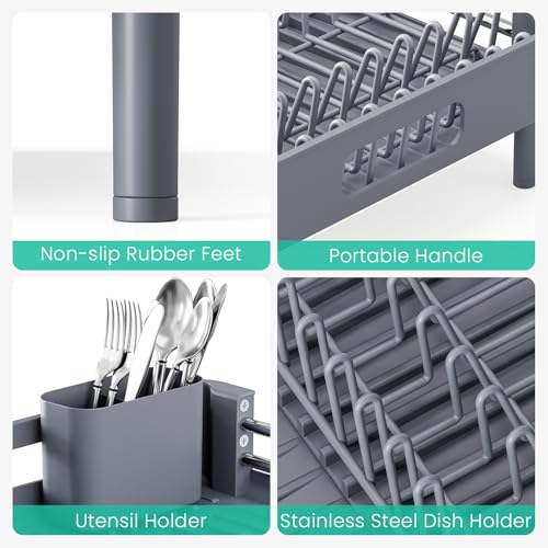 TOOLF Expandable Dish Drying Rack with Cutlery Holder, Standard, Grey | Over or In Sink Stainless Steel Dish Drainers for Compact Kitchen, Space Saving, Fast Drain, Rustproof, For 1-3 people - color: Gray