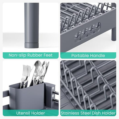 TOOLF Expandable Dish Drying Rack with Cutlery Holder, Standard, Grey | Over or In Sink Stainless Steel Dish Drainers for Compact Kitchen, Space Saving, Fast Drain, Rustproof, For 1-3 people - color: Gray