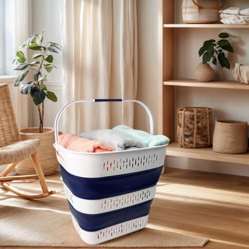 SAMMART 38L (10 Gallon) Collapsible Plastic Laundry Basket - Portable Pop-Up Storage Container/Organizer – Foldable Space Saving Laundry Hamper (2, White/Starry Blue) - color: White/Starry Blue
