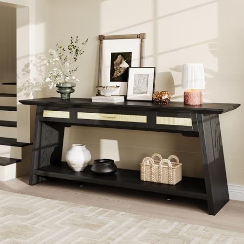 iPormis 70.9 Inches Rattan Entryway Table with Drawer, Narrow Long Console Table Behind Sofa, Modern Entry Accent Hallway Table for Living Room, Behind Couch, Entrance, Black - color: Black