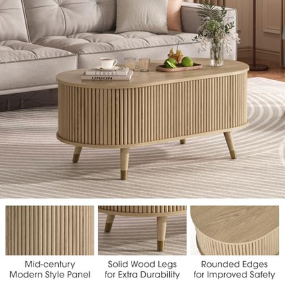 SULIVES Oval Coffee Table with Storage,Multifunctional Lift Top Drum Coffee Table, Small Fluted Center Table for Living Room, Oak - color: Oak_oval