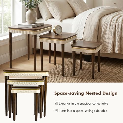Hyfirm Walnut Side Table End Table Nesting Tables Set of 3, Retro Nesting Tables with Veneered Top & Gold Trim, Mid Century Modern Nesting Wood Coffee Tables for Living Room/Bedroom/Apartment - color: Walnut Top+ivory Apron