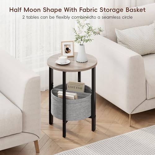Small Round Side Table End Table, Tall Accent Table with Storage Basket, Set of 2 Half Round Tables Half Moon Tables, Coffee Bedside Tables, Modern Nightstand for Living Room Bedroom, Gray - color: Greige