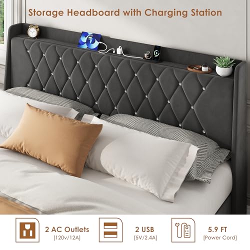 Garvee King Size Bed Frame with Storage, Velvet Upholstered Platform Bed Frame with Crystal Tufted Headboard, Charging Station, 3 Drawers, No Box Spring Needed, Noise-Free,for Bedroom, Dark Gray | Velvet Upholstered Platform Bed Frame with Crystal Tufted