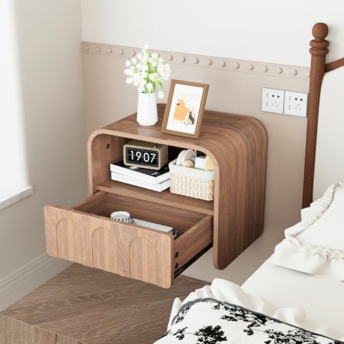 Floating Nightstand Set of 2, Wall Mounted Nightstand with Drawer | Bedside Table, Small Night Stand, with Open Storage Shelf, for Bedroom, Modern, Walnut