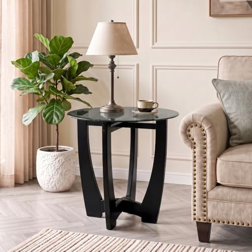 Glass End Table, 23.5" Round Side Tables with Black Tempered Glass Top Cross and Solid Wood Base Small Night Stand for Living Room Office Apartment Black - color: D-3, size: Round