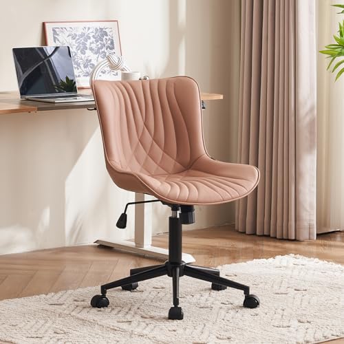 YOUTASTE Pink Modern Office Chair, Faux Leather Armless Desk Chair with Wheels, Height Adjustable, Swivel, Rocking, 300 lbs Capacity, Metal Base, for Home Office Vanity - color: Nude Pink