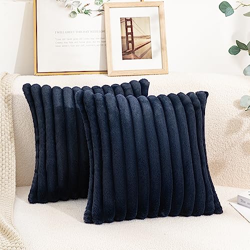 Uhomy Faux Fur Plush Throw Pillow Covers 16x16 Pack of 2 Luxury Super Soft Fluffy Striped Decorative Pillow Covers for Sofa, Bed, Couch, Living Room, Navy Blue 40x40 cm - color: Navy Blue, size: 16" x 16" (Pack of 2)