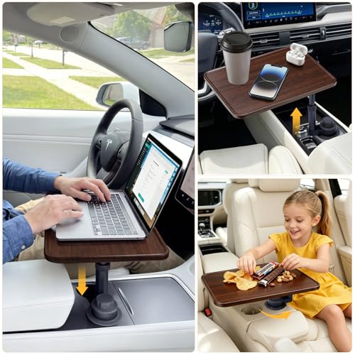 Car Desk for Laptop, 360° Swivel, Height Adjustable Wood-Grain Tray | Tool-free install, fits 2.8"-3.9" cup holders. Scratch-resistant wood-grain finish. For laptop work, dining, or passenger use