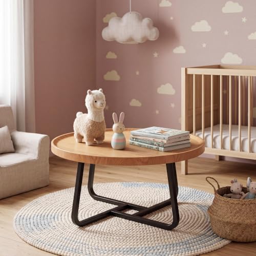 Garvee 19.7 in Round Coffee Table with Wood Surface Top & Sturdy Metal Leg | Small Wood Center Table, Easy-Clean & Waterproof, Raised Edge Side Table Compact for Apartment, Living Room, Balconies - color: Wood