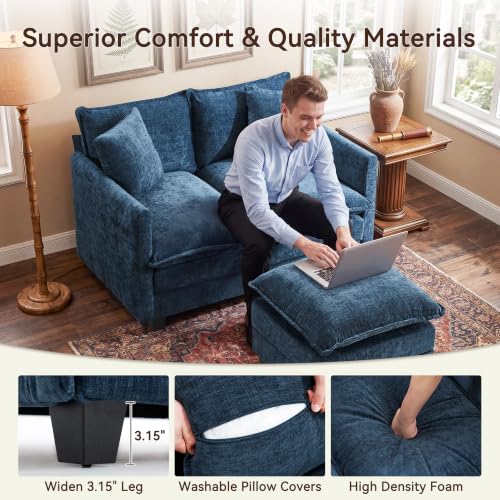 50" Loveseat Sofa with Ottoman, Cloud 2-Layer Cushion & 27" Deep Seat, Modern Love Seat Small Couch with 2 Washable Pillows for Small Spaces, Bedroom, Apartment, Office, Living Room, in a Box, Blue - color: Blue, size: Loveseat with Ottoman