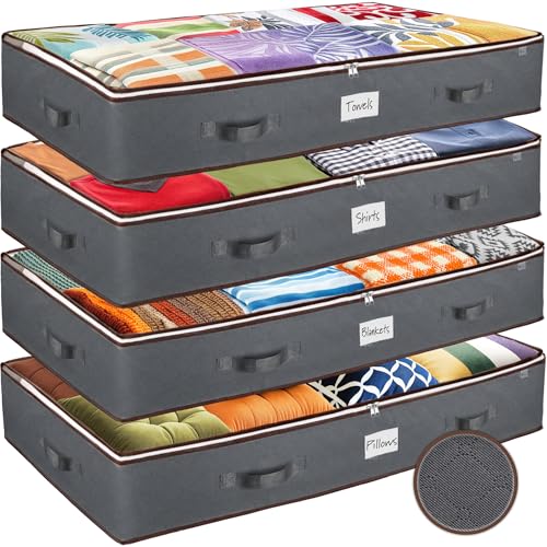ZOBER Under Bed Storage Bags, Underbed Storage Containers, Gray, 90L 4-Pack | Non-woven fabric, foldable, clear top, dual zippers, reinforced handles, under bed storage containers for clothes, blankets