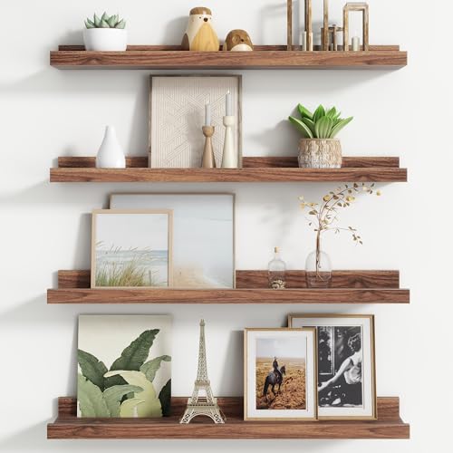 Floating Picture Ledge Shelves for Wall Set of 4, 24 Inch Wall Shelves with Lip Long Large Nursery Book Shelf for Toys Storage Kids Bookshelf Wall Mounted Living Room Bedroom Decor Frames - color: Walnut, size: 24'', Set of 4