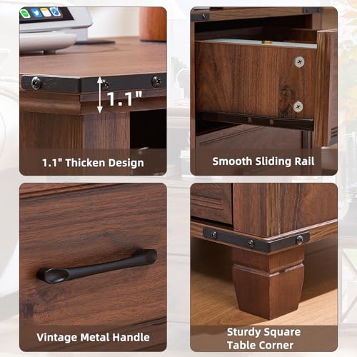 Farmhouse Night Stand with Charging Station, Brown | 2 Drawers End Tables Bedroom, Bedside Table with Metal Handles & Solid Wood Foot & Open Shelf - color: Brown