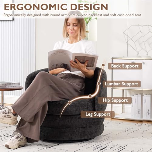 Round Swivel Barrel Chair with Comfy Pillow, Beige Small Accent Chair with Curved Backrest, Modern Upholstered Armchair & Chenille Barrel Accent Chairs for Living Room Bedroom Office (Dark Gray) - color: Dark Gray