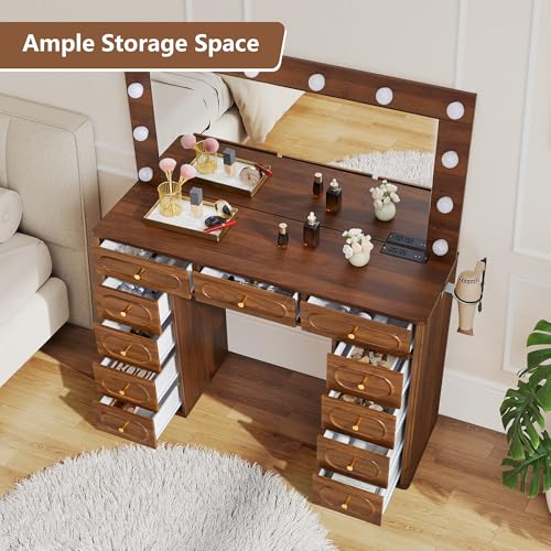 Fluted Vanity Desk with Mirror and Lights, Power Outlets, Modern Wood Vanity Desk Makeup Table with 11 Drawers, 3 Color Modes Dressing Table with Storage for Bedroom, Living Room, Walnut - style: Walnut