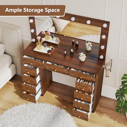 Fluted Vanity Desk with Mirror and Lights, Power Outlets, Modern Wood Vanity Desk Makeup Table with 11 Drawers, 3 Color Modes Dressing Table with Storage for Bedroom, Living Room, Walnut - style: Walnut