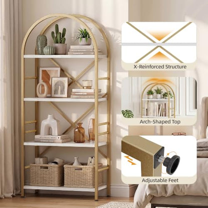 Vongrasig Industrial Arched Bookshelf, 4 Tier Open Bookcase | Sturdy Wood and Metal Display Standing Shelf for Home Office, Living Room, Bedroom, White Gold - color: White Gold