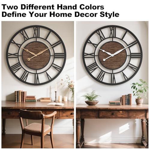 24 Inch Modern Decorative Metal Wall Clock with Big Black Roman Numerals Large Wall Clocks for Living Room Decor, Bedroom, Kitchen, Office,Housewarming Gift - color: Black Walnut, size: 24 inch