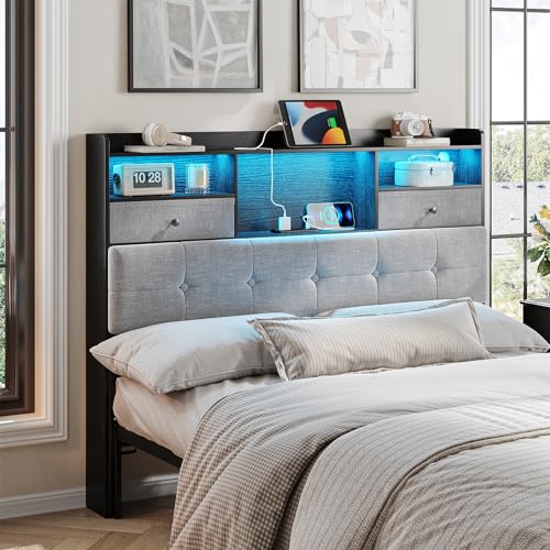 Maupvit Headboard Full Size with Storage, Full Headboard Only with 2 Drawers, Charging Station and LED Lights, Upholstered Headboards Easy Assembly, Black&Grey - color: Black, size: Full