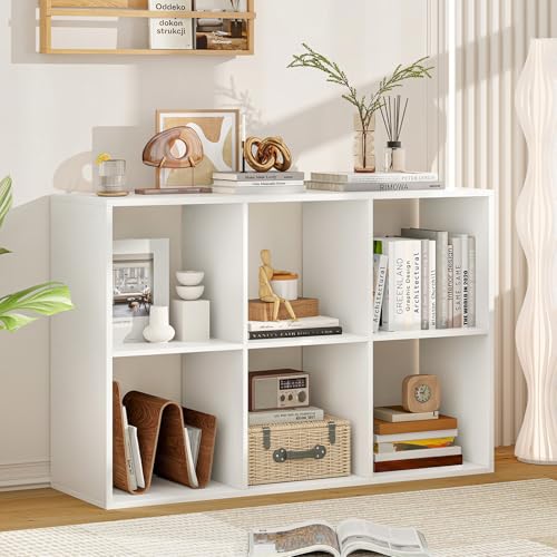 6 Cube Storage Organizer, 2 Tier Floor Standing Bookcase with Anti-Toppling Kits, Wooden Open Display Shelf for Living Room, Bedroom, Study, White Bookshelf with Open Back - size: 6 Cubes