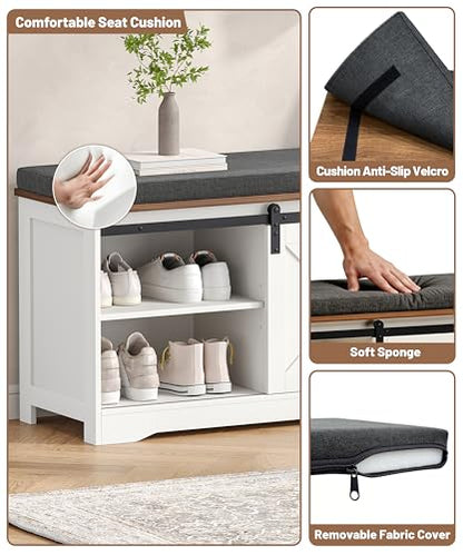 Farmhouse Shoe Storage Bench, Shoe Bench with Slide Barn Doors | 47.2" Entryway Bench with Cushion and Adjustable Shelves, for Bedroom, Closet, Living Room, Hallway, White