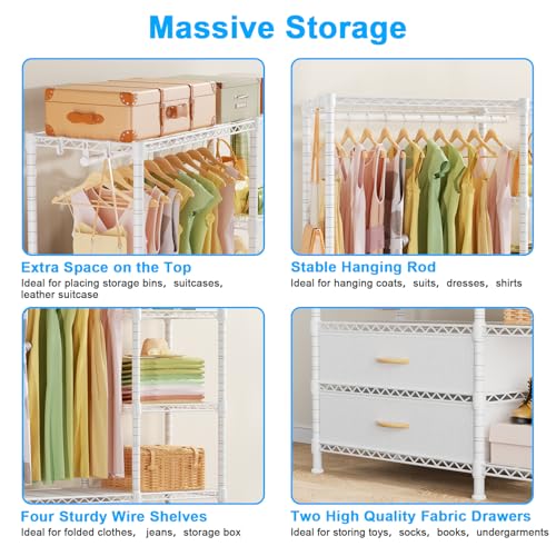 F3 Heavy Duty Clothes Rack（With Fabric Drawers）Freestanding Clothing Racks for Hanging Clothes，Adjustable Closet Organizer System，Portable Garment Rack 40" W x 15" D x 72" H，Max Load 700LBS，White - color: White, style: Freestanding