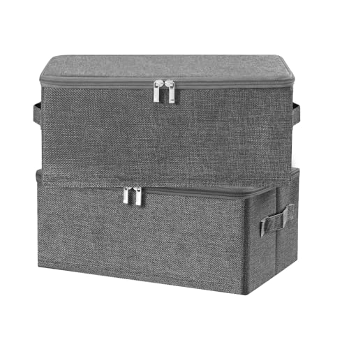 ANMINY Fabric Storage Bins with Zipper Lids, 15"x10"x6", Gray, 2 PCS | 15.6Qt Cotton Linen Storage Box, PP Board Frame, Washable Collapsible, with Handles & 3-side Open Lid, Stackable, Small - color: Gray, size: Small (Pack of 2)