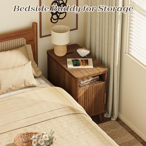 Huuger Narrow End Table with Charging Station, USB-C Port | Fluted Nightstand with Storage Cabinet, Back Rack, Farmhouse Side Table for Small Spaces, Night Stand, Walnut - color: Walnut