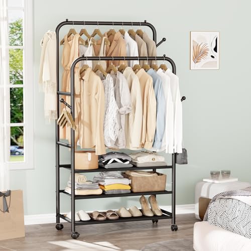 Furologee Clothes Racks for Hanging Clothes, Double Rods Clothing Rack with 3-Tier Storage Shelves, Rolling Garment Wardrobe with Wheels, Portable Free Standing Closet for Bedroom, Laundry Room, Black